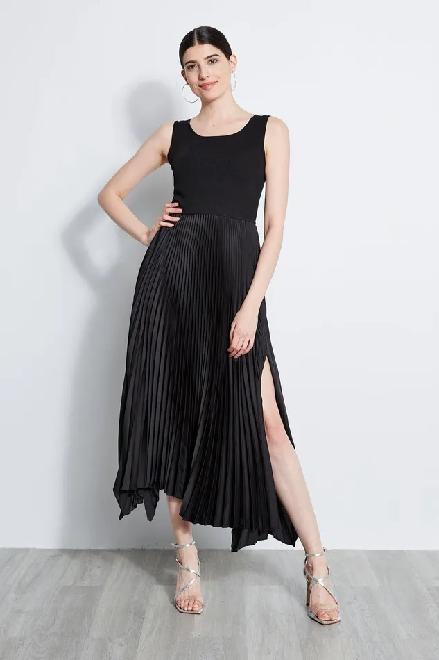 Elie Tahari Pleated Midi Dress Noir Women Dresses and Jumpsuits