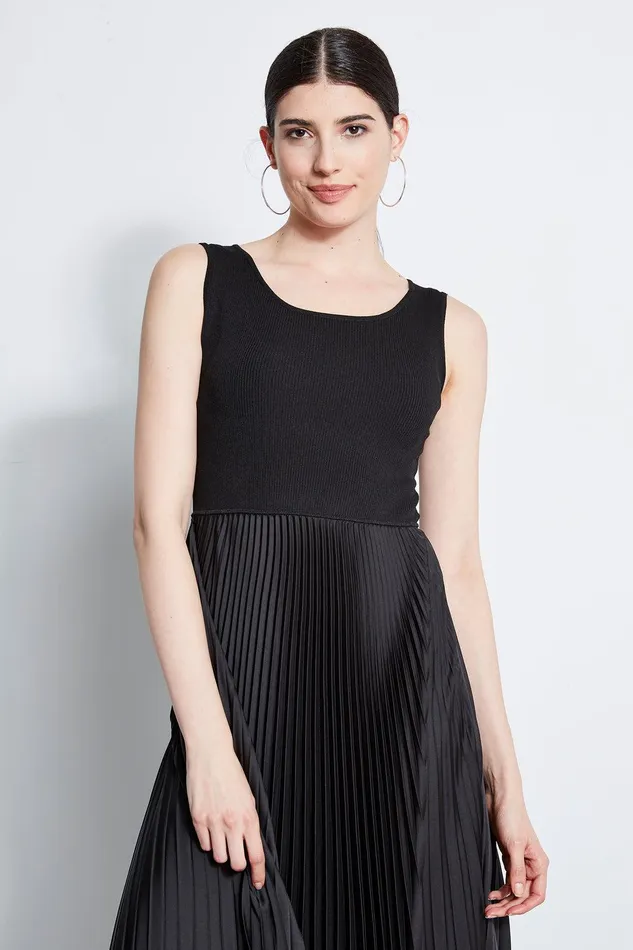 Elie Tahari Pleated Midi Dress Noir Women Dresses and Jumpsuits