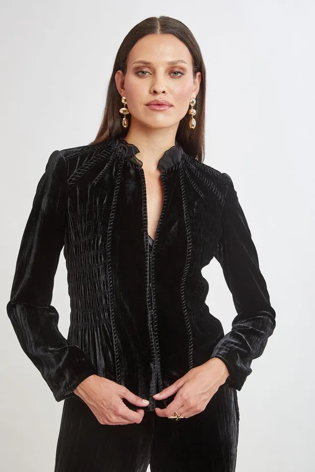 Elie Tahari Plisse Velvet Embroidered Jacket Black Women Jackets and Blazers