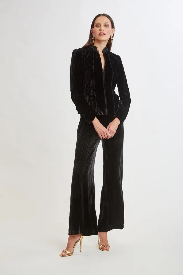 Elie Tahari Plisse Velvet Embroidered Jacket Black Women Jackets and Blazers