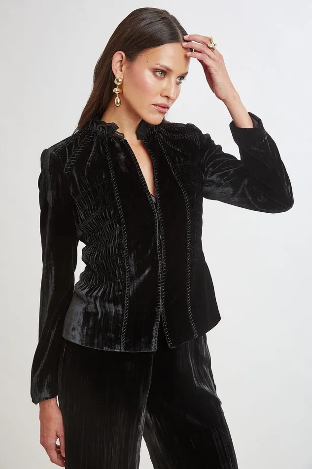 Elie Tahari Plisse Velvet Embroidered Jacket Black Women Jackets and Blazers