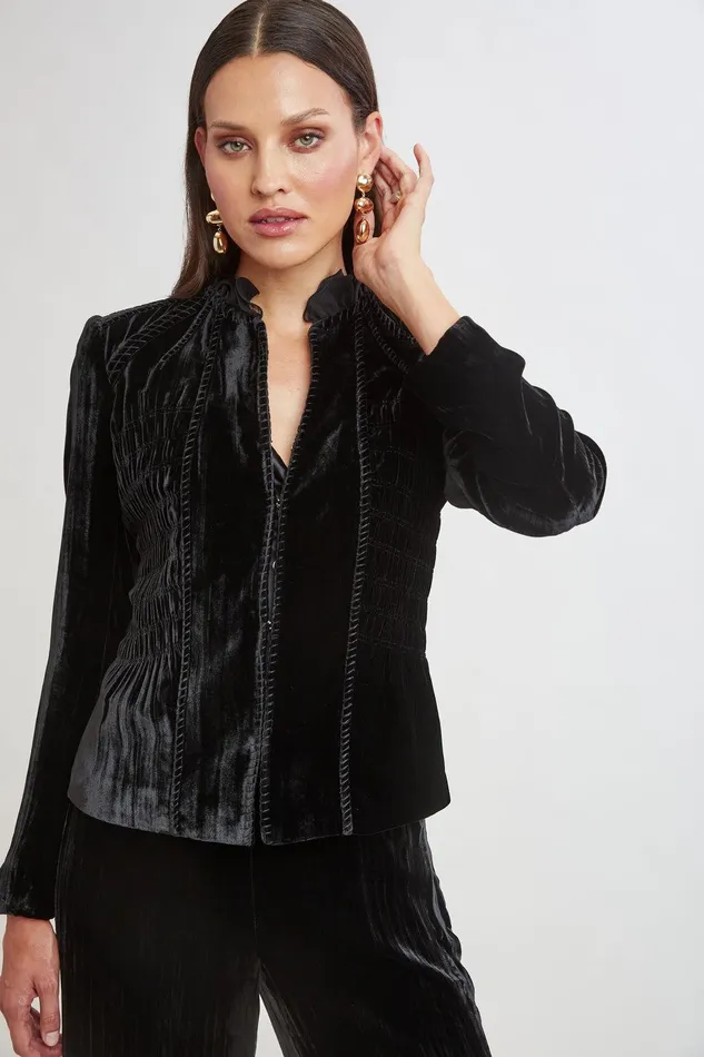 Elie Tahari Plisse Velvet Embroidered Jacket Black Women Jackets and Blazers
