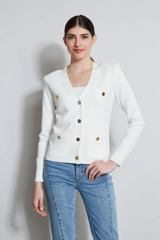 Elie Tahari Rib Button Sweater Foam Women Tops