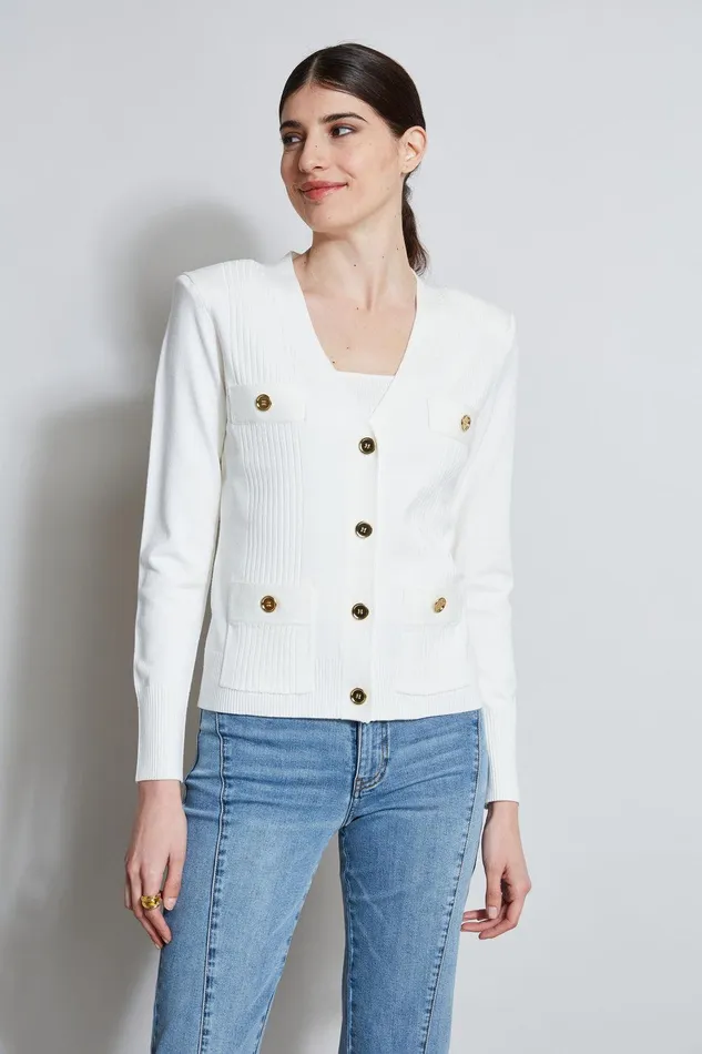 Elie Tahari Rib Button Sweater Foam Women Tops