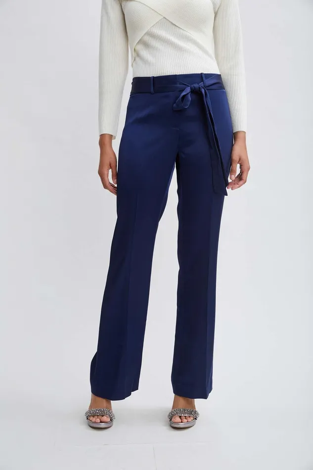 Elie Tahari Satin Fit and Flare Sash Pant Midnight Women Bottoms