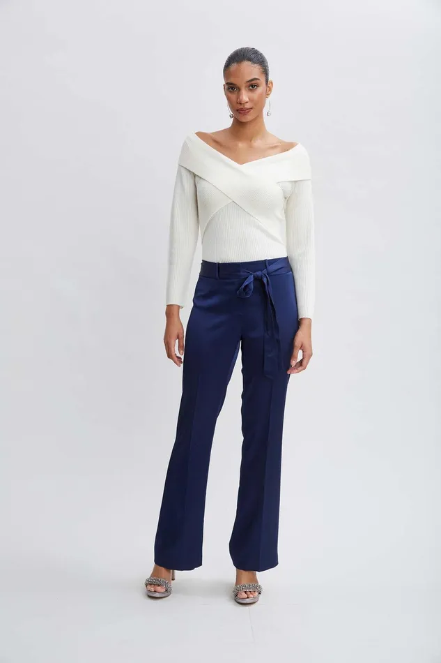 Elie Tahari Satin Fit and Flare Sash Pant Midnight Women Bottoms