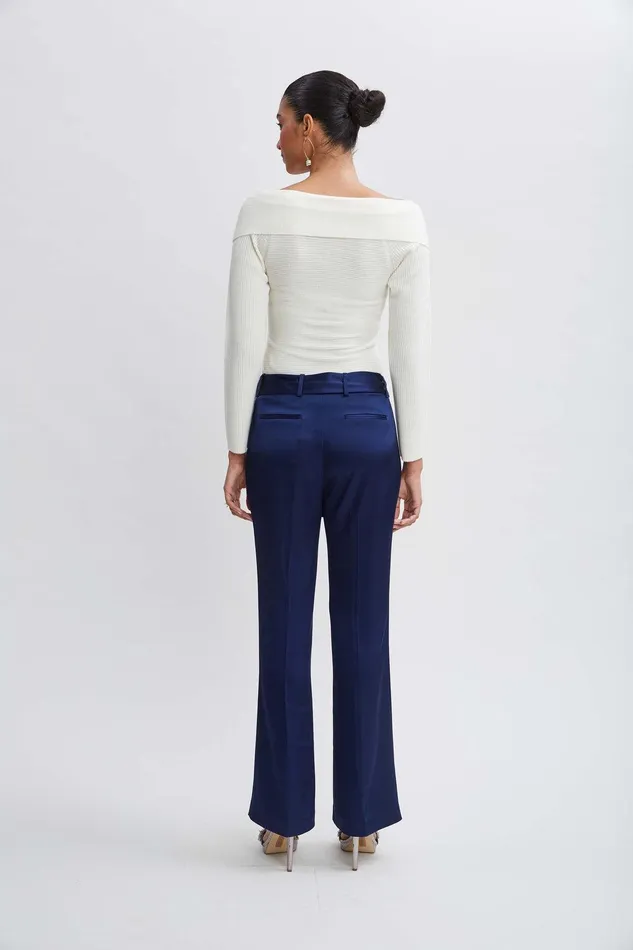 Elie Tahari Satin Fit and Flare Sash Pant Midnight Women Bottoms