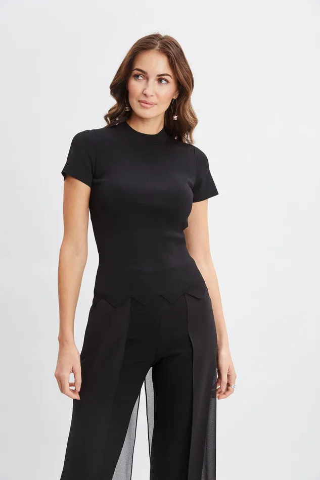 Elie Tahari Short Sleeve Scallop Sweater Black Women Tops