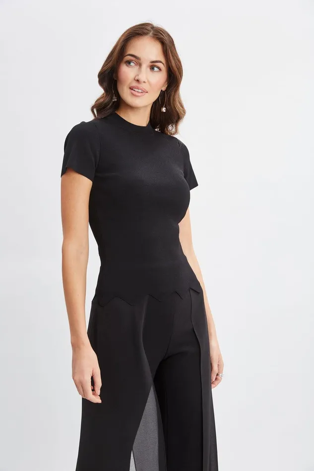 Elie Tahari Short Sleeve Scallop Sweater Black Women Tops