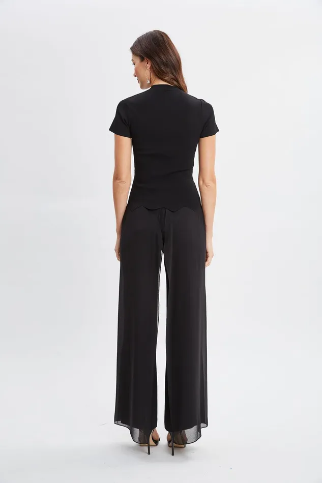 Elie Tahari Short Sleeve Scallop Sweater Black Women Tops