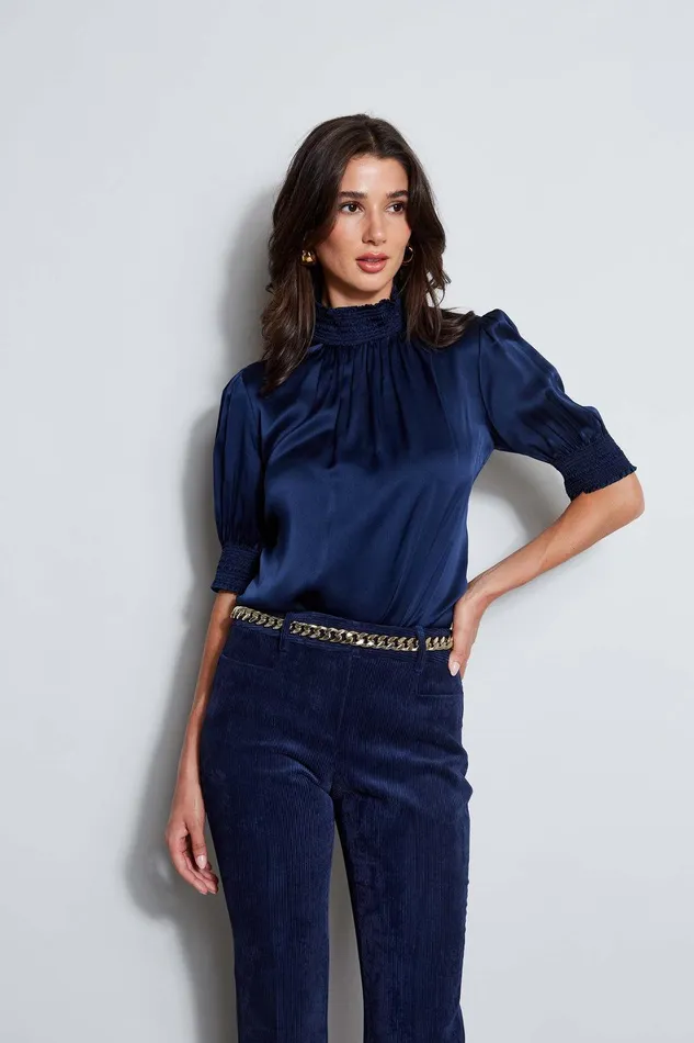 Elie Tahari Short Sleeve Silk Satin Smocked Shirt Galaxy Navy Women Suiting