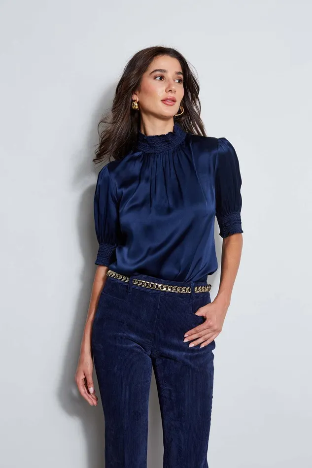 Elie Tahari Short Sleeve Silk Satin Smocked Shirt Galaxy Navy Women Suiting