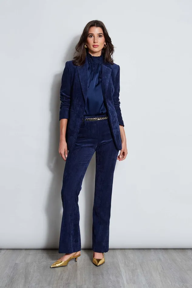Elie Tahari Short Sleeve Silk Satin Smocked Shirt Galaxy Navy Women Suiting
