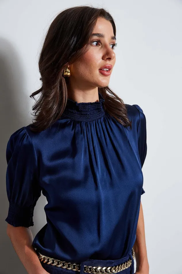 Elie Tahari Short Sleeve Silk Satin Smocked Shirt Galaxy Navy Women Suiting