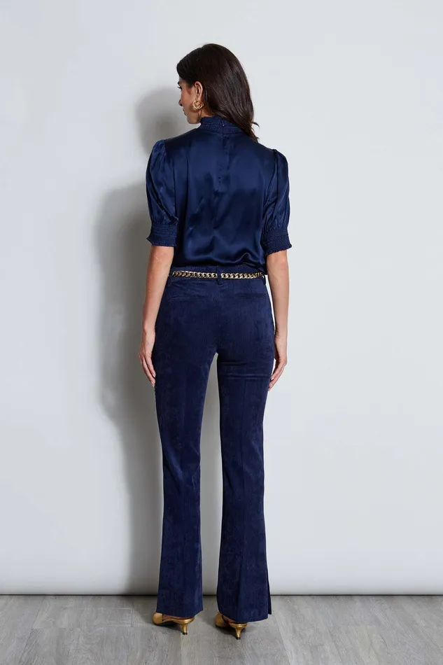Elie Tahari Short Sleeve Silk Satin Smocked Shirt Galaxy Navy Women Suiting