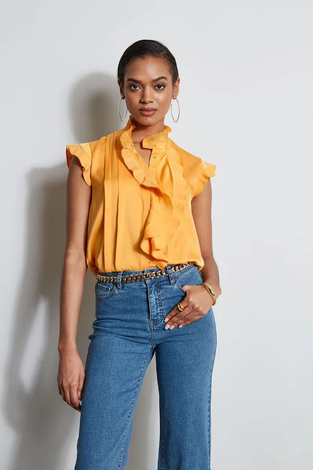 Elie Tahari Silk Cascade Ruffle Shirt Afternoon Orange Women Tops