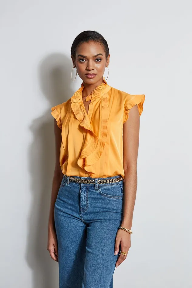 Elie Tahari Silk Cascade Ruffle Shirt Afternoon Orange Women Tops