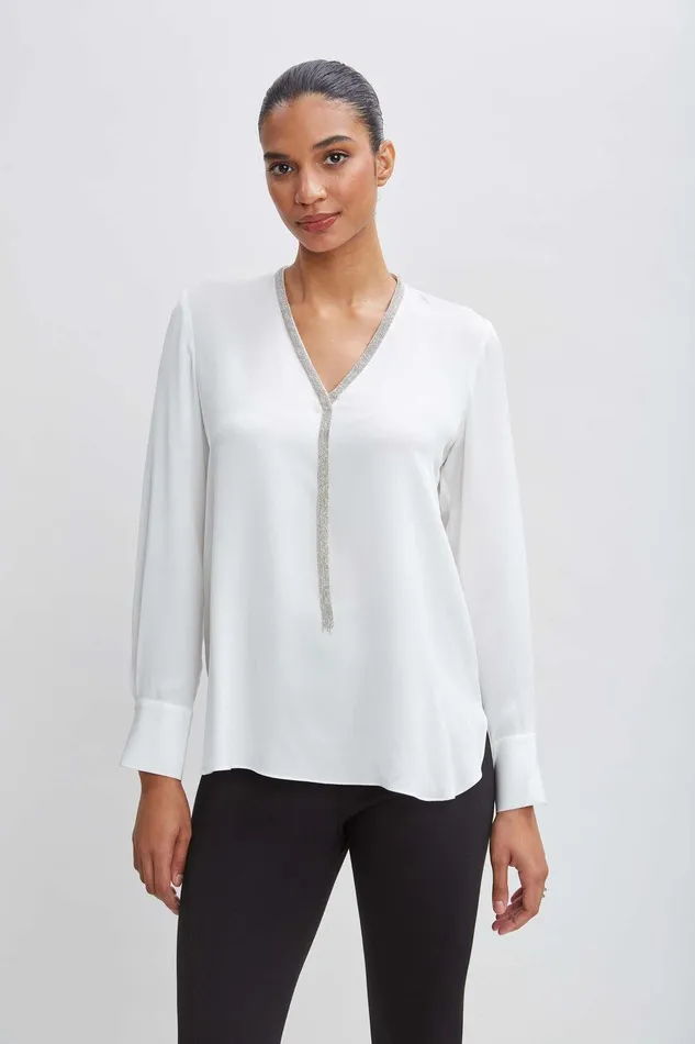Elie Tahari Silk Long Sleeve Chain Shirt Fresh Pearl Women Tops