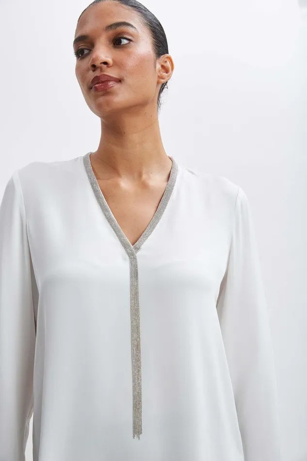 Elie Tahari Silk Long Sleeve Chain Shirt Fresh Pearl Women Tops
