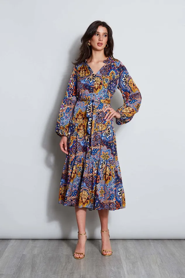 Elie Tahari Silk Night Garden Midi Dress Night Garden Print Women Dresses and Jumpsuits