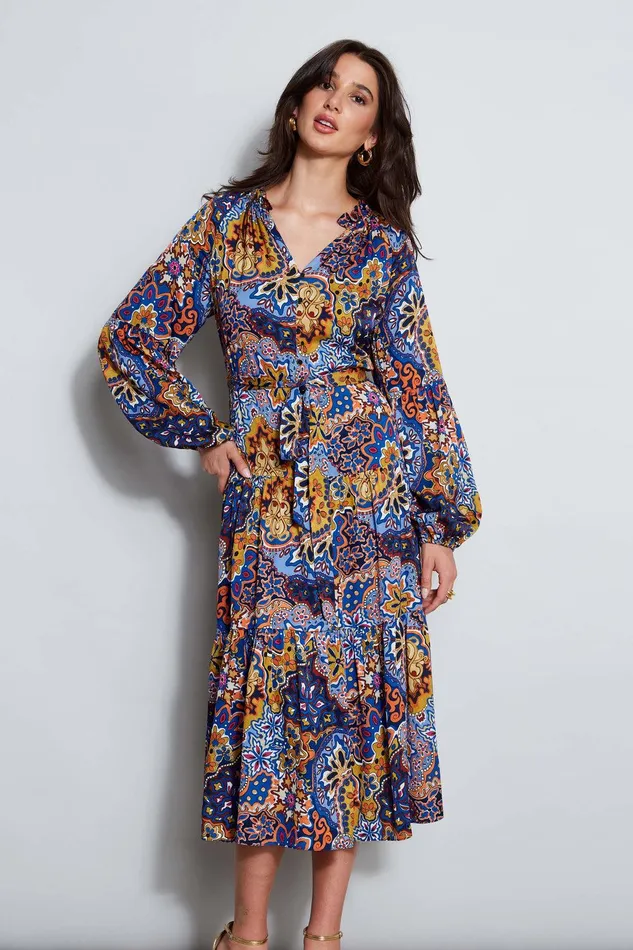 Elie Tahari Silk Night Garden Midi Dress Night Garden Print Women Dresses and Jumpsuits