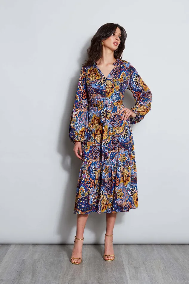 Elie Tahari Silk Night Garden Midi Dress Night Garden Print Women Dresses and Jumpsuits
