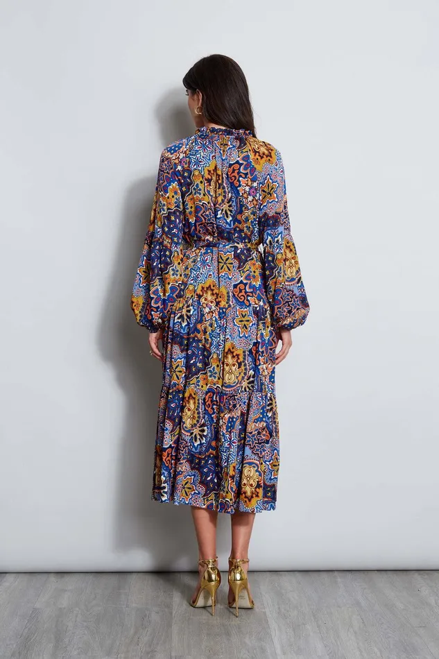 Elie Tahari Silk Night Garden Midi Dress Night Garden Print Women Dresses and Jumpsuits
