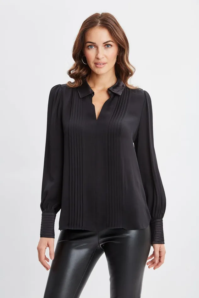 Elie Tahari Silk Pintuck Shirt Black Women Tops
