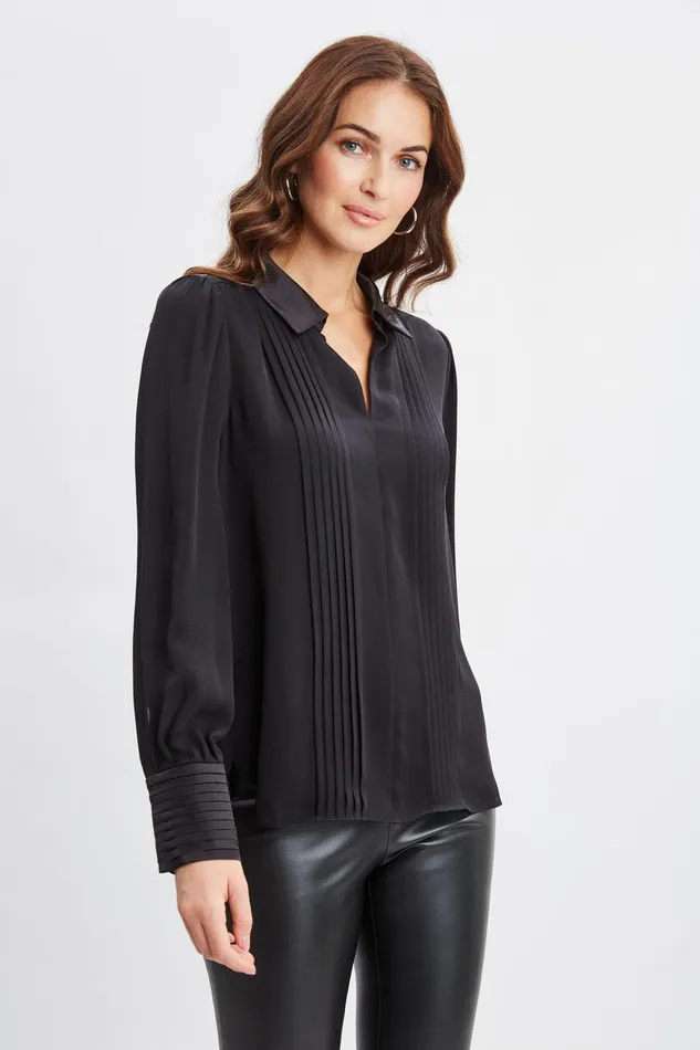 Elie Tahari Silk Pintuck Shirt Black Women Tops