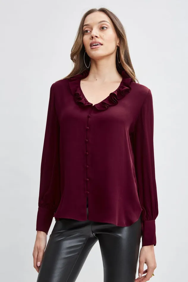 Elie Tahari Silk Ruffle Neck Shirt Sangria Women Tops