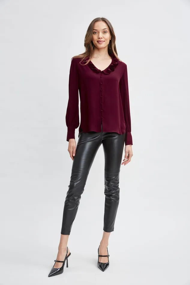 Elie Tahari Silk Ruffle Neck Shirt Sangria Women Tops