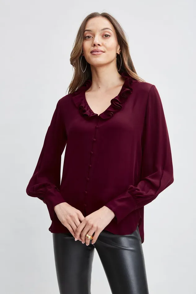 Elie Tahari Silk Ruffle Neck Shirt Sangria Women Tops