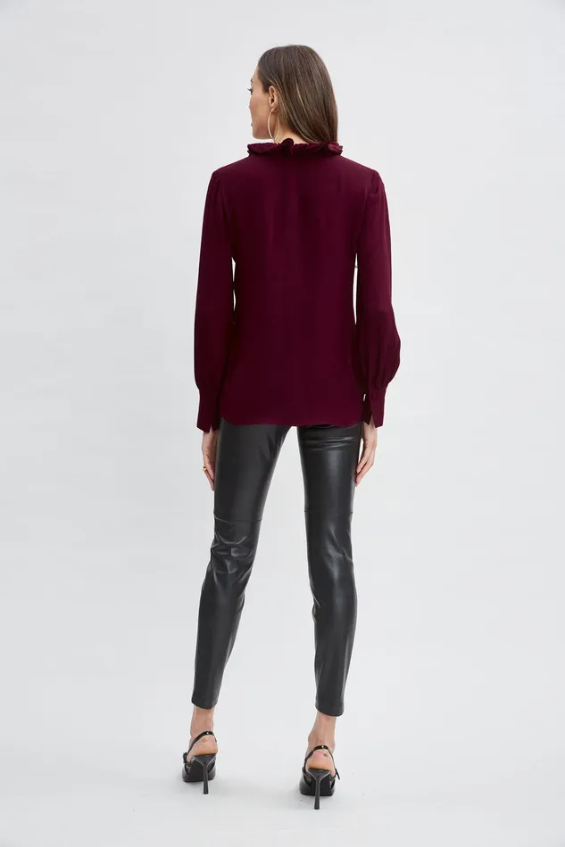 Elie Tahari Silk Ruffle Neck Shirt Sangria Women Tops