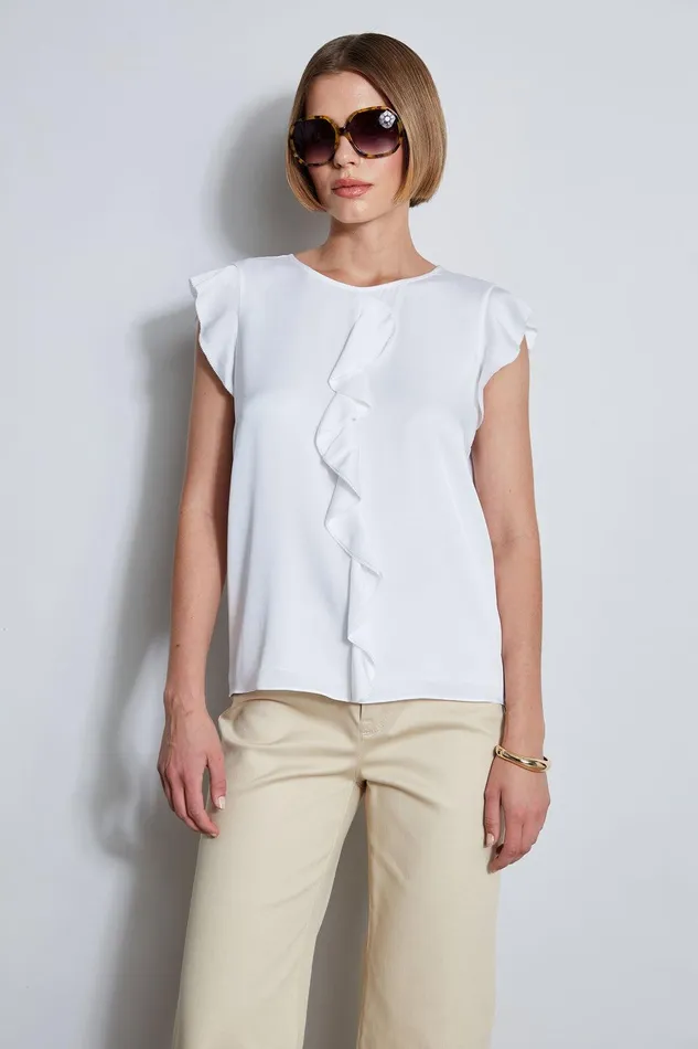 Elie Tahari Silk Ruffle Shirt Sky White Women Tops