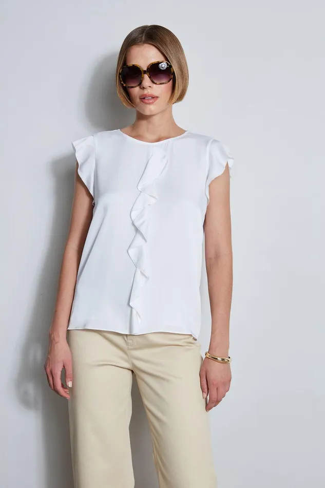 Elie Tahari Silk Ruffle Shirt Sky White Women Tops