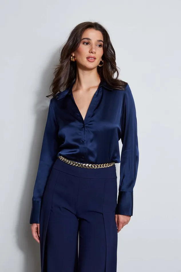 Elie Tahari Silk Satin Button Down Shirt Galaxy Navy Women Tops