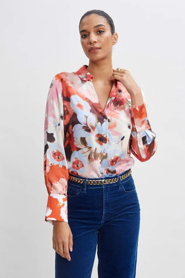 Elie Tahari Silk Satin Wintergarden Shirt Multi Women Tops