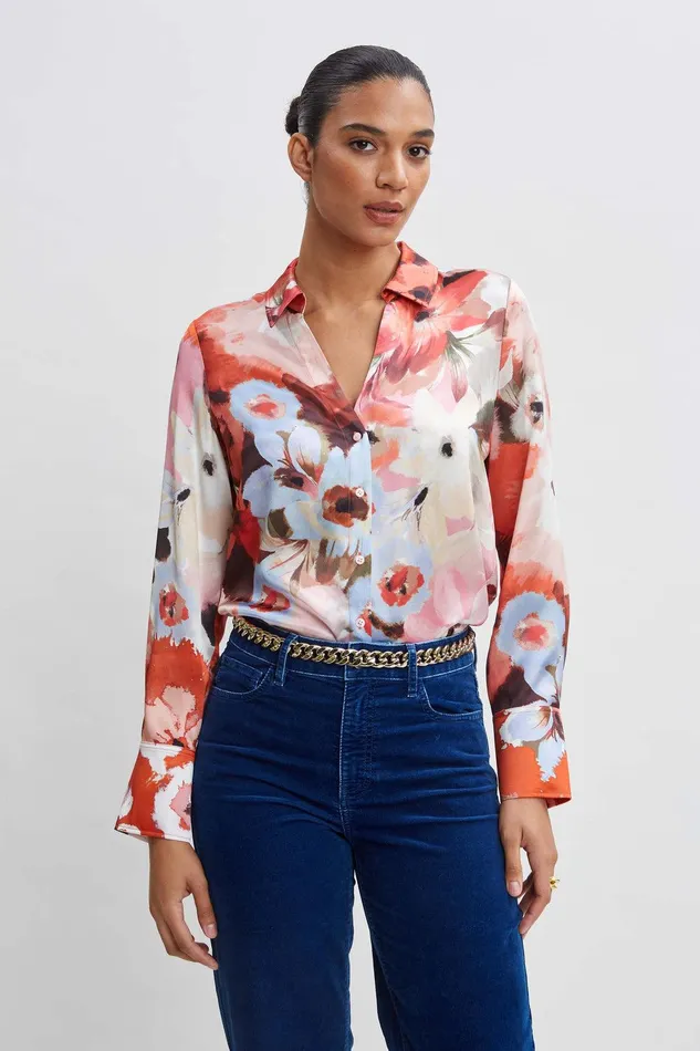 Elie Tahari Silk Satin Wintergarden Shirt Multi Women Tops