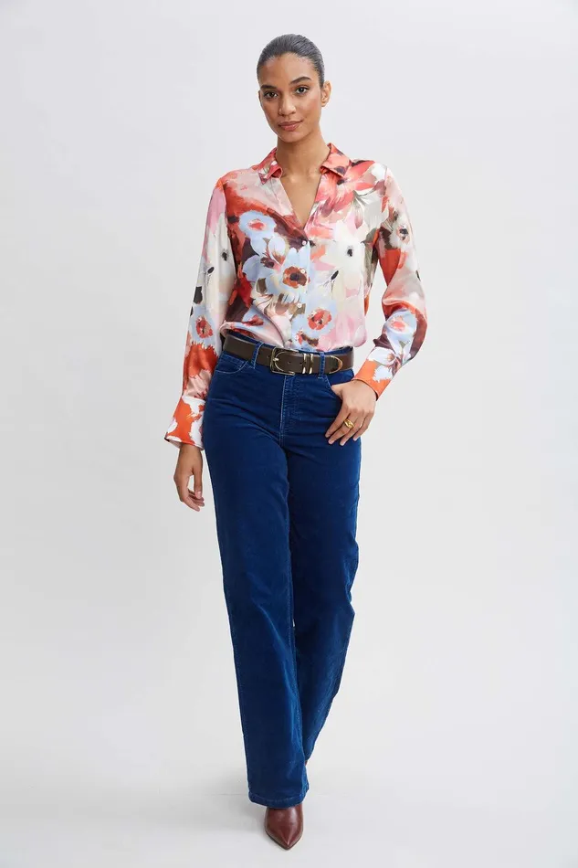 Elie Tahari Silk Satin Wintergarden Shirt Multi Women Tops
