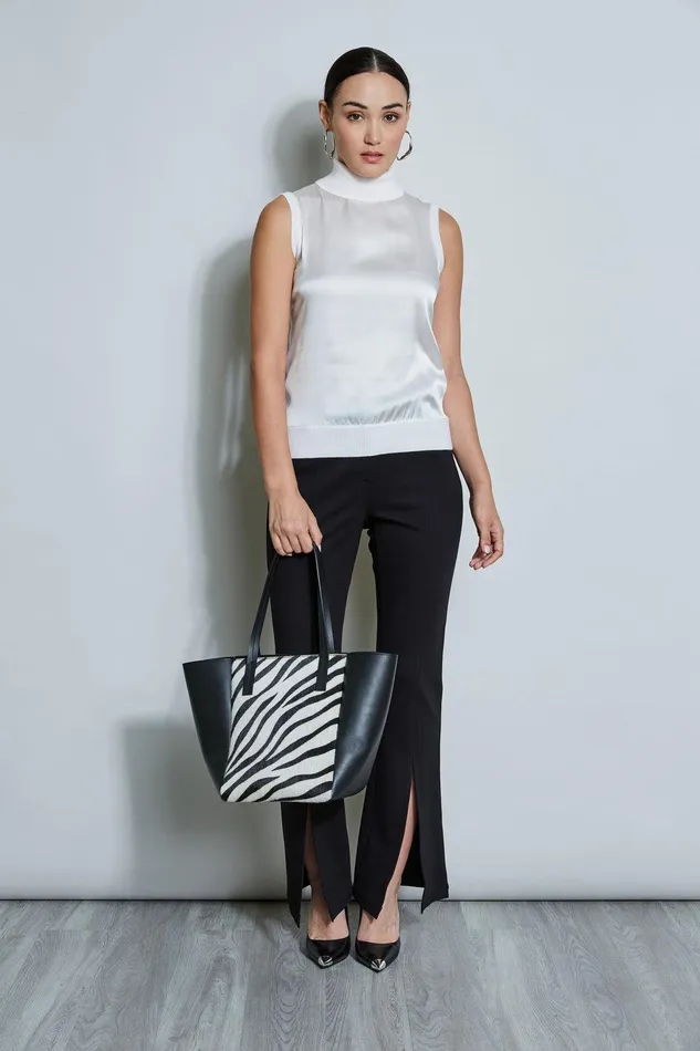 Elie Tahari Sleeveless Satin Front Sweater Snow Women Tops