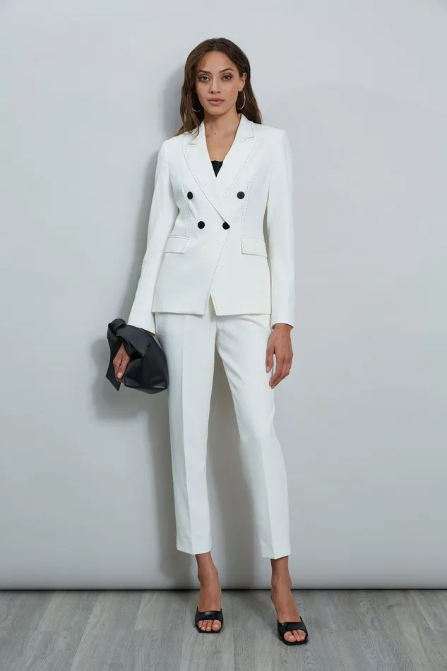 Elie Tahari Stitch Double Breasted Blazer Sky White Women Jackets and Blazers
