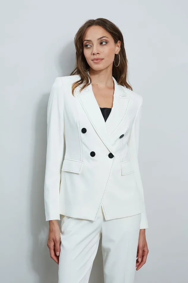 Elie Tahari Stitch Double Breasted Blazer Sky White Women Jackets and Blazers
