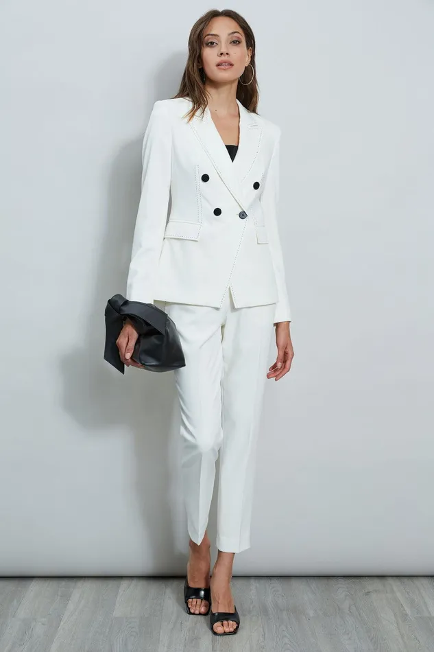 Elie Tahari Stitch Double Breasted Blazer Sky White Women Jackets and Blazers