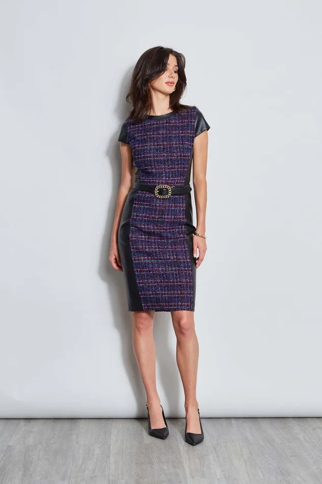Elie Tahari Tweed Vegan Leather Panel Dress Multi Women Suiting