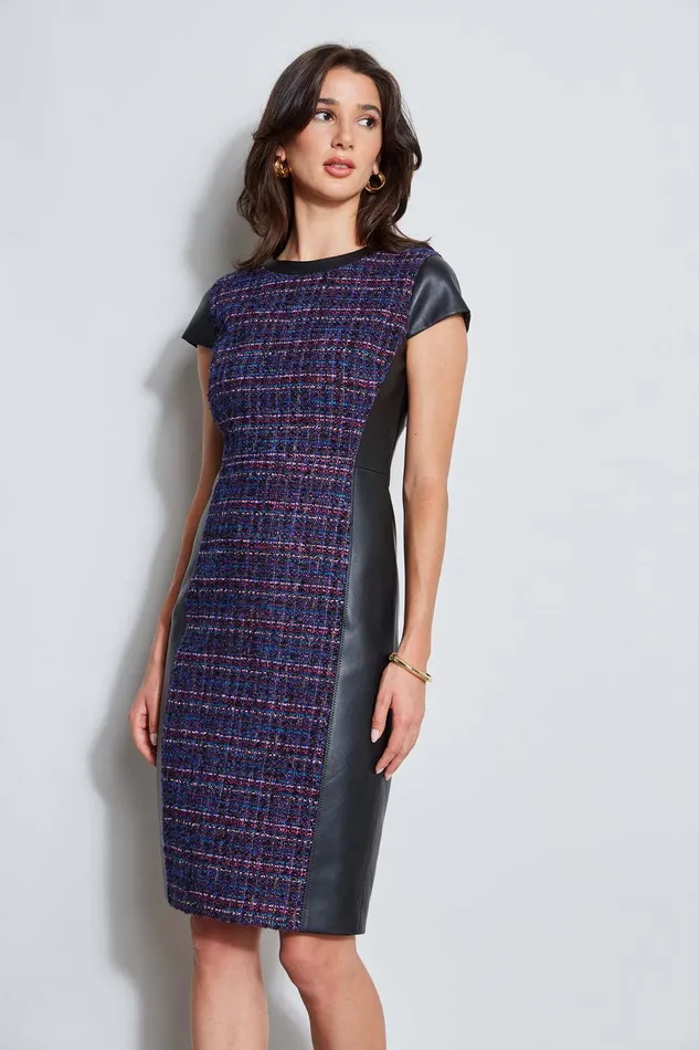 Elie Tahari Tweed Vegan Leather Panel Dress Multi Women Suiting