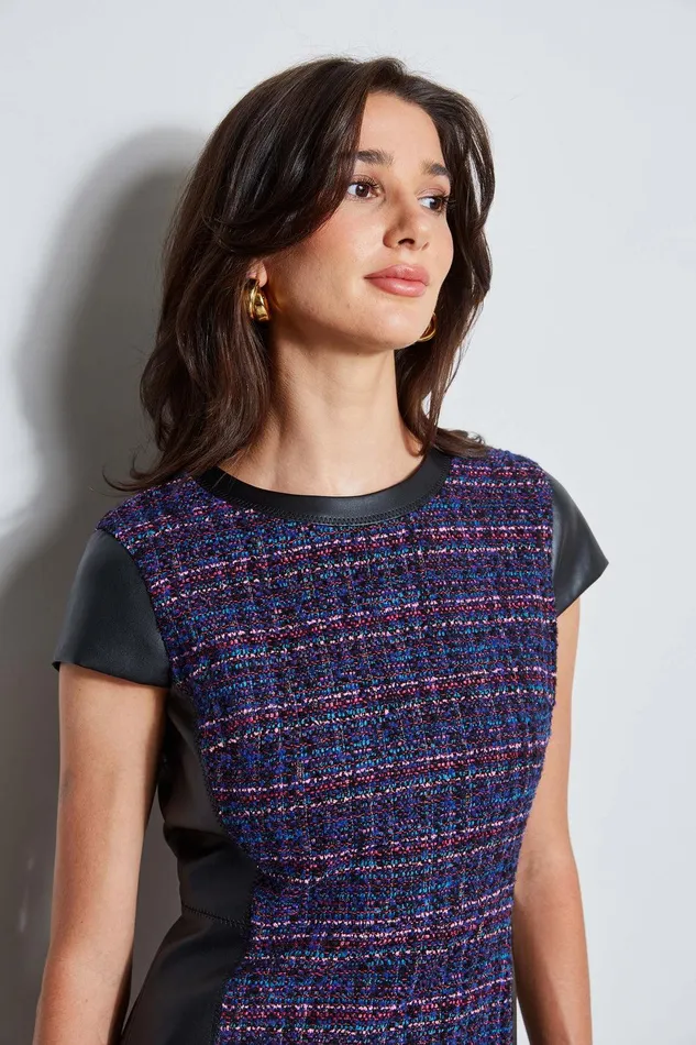 Elie Tahari Tweed Vegan Leather Panel Dress Multi Women Suiting