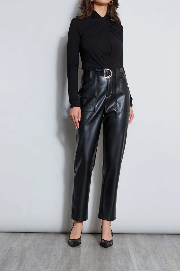 Elie Tahari Vegan Leather Belted Pant Noir Women Bottoms