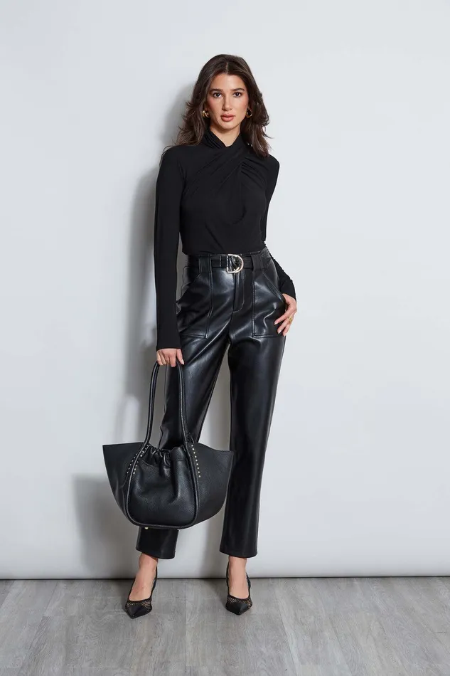 Elie Tahari Vegan Leather Belted Pant Noir Women Bottoms