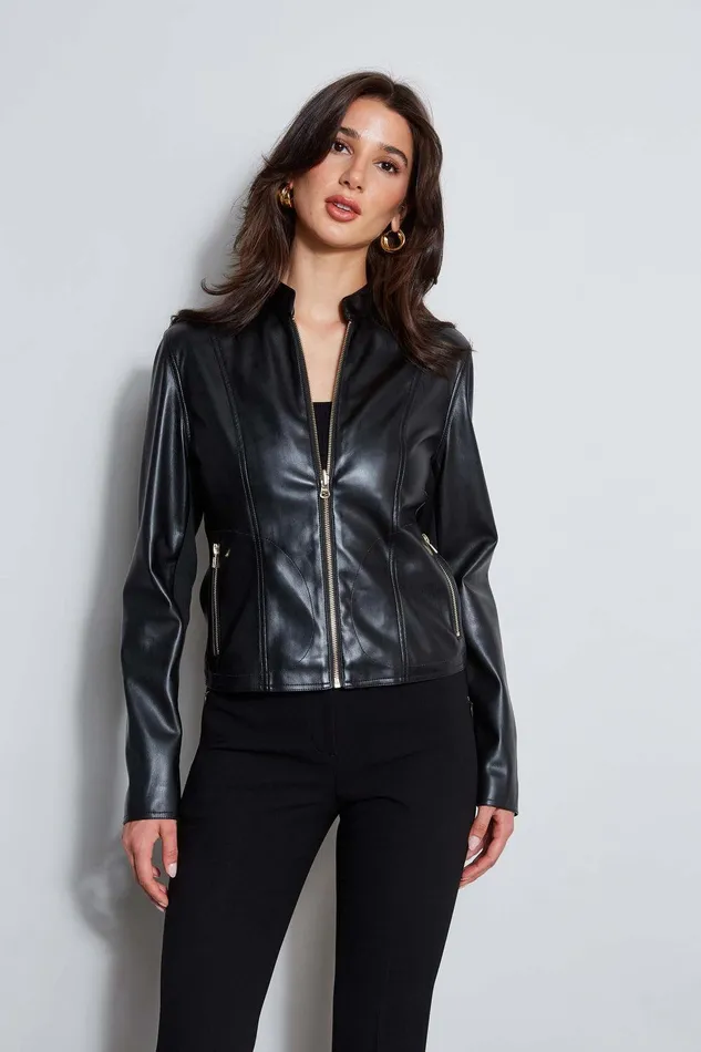 Elie Tahari Vegan Leather Moto Jacket Noir Women Suiting