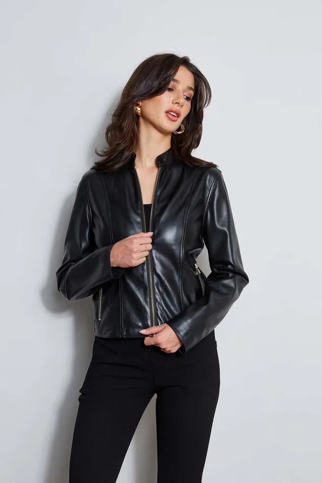 Elie Tahari Vegan Leather Moto Jacket Noir Women Suiting